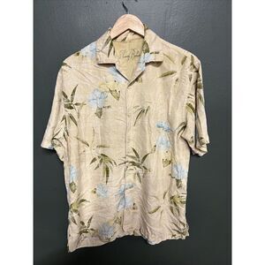 Tommy Bahama Shirt Mens M Beige Hawaiian Silk Floral Leaves Camp